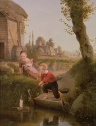 Zwei Kinder spielen mit einem Boot